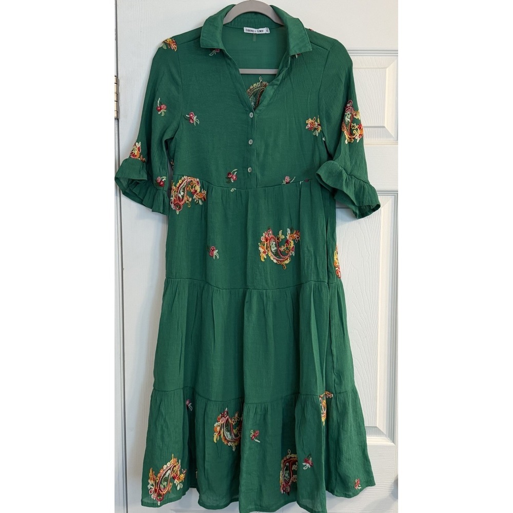 Figueroa & Flower Tiered Maxi Dress Green‎ Boho Peasant Floral Garden Party MED
